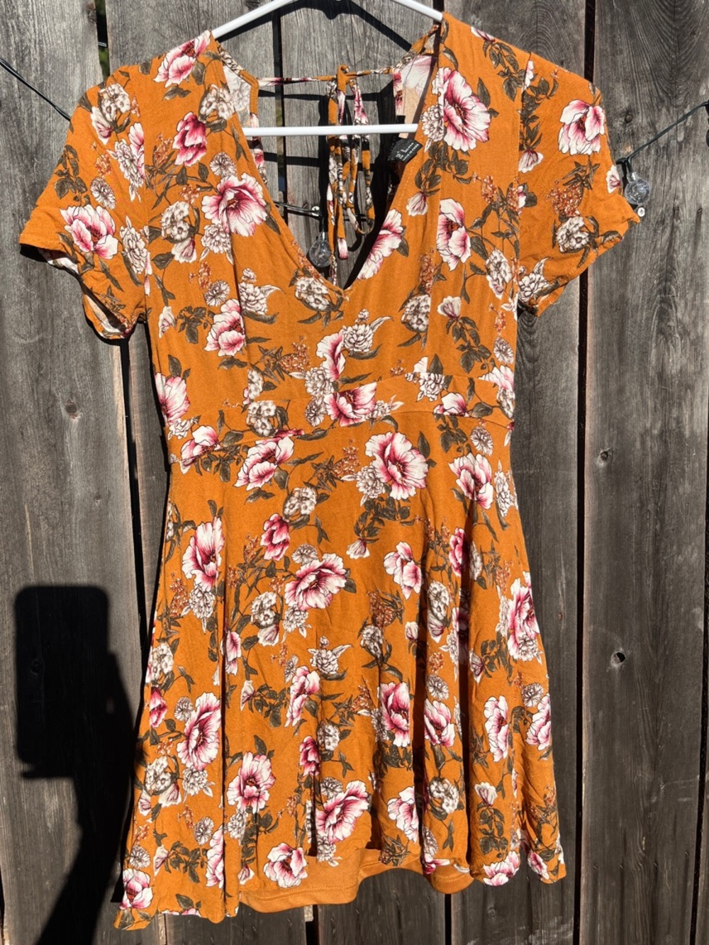 Forever 21 Mustard Floral V-Neck Short Sleeve Mini Dress